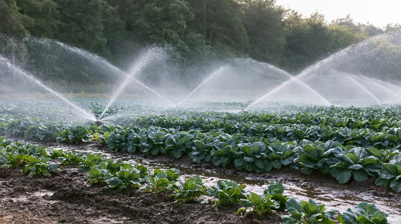 Irrigation sprinklers spraying water over rows of cabbage in a farm field