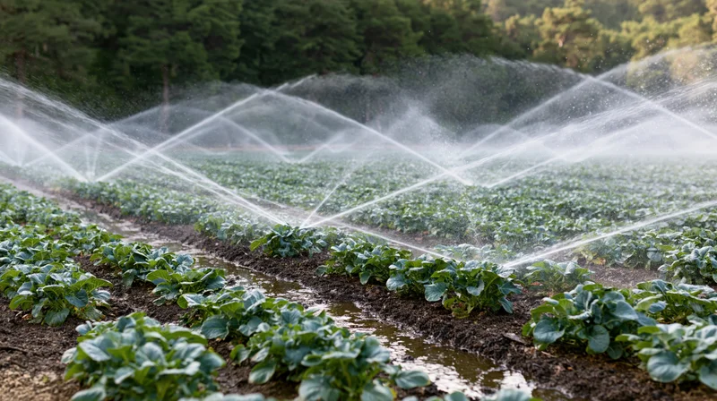 Irrigation sprinklers spraying water over rows of green crops in a farm field
