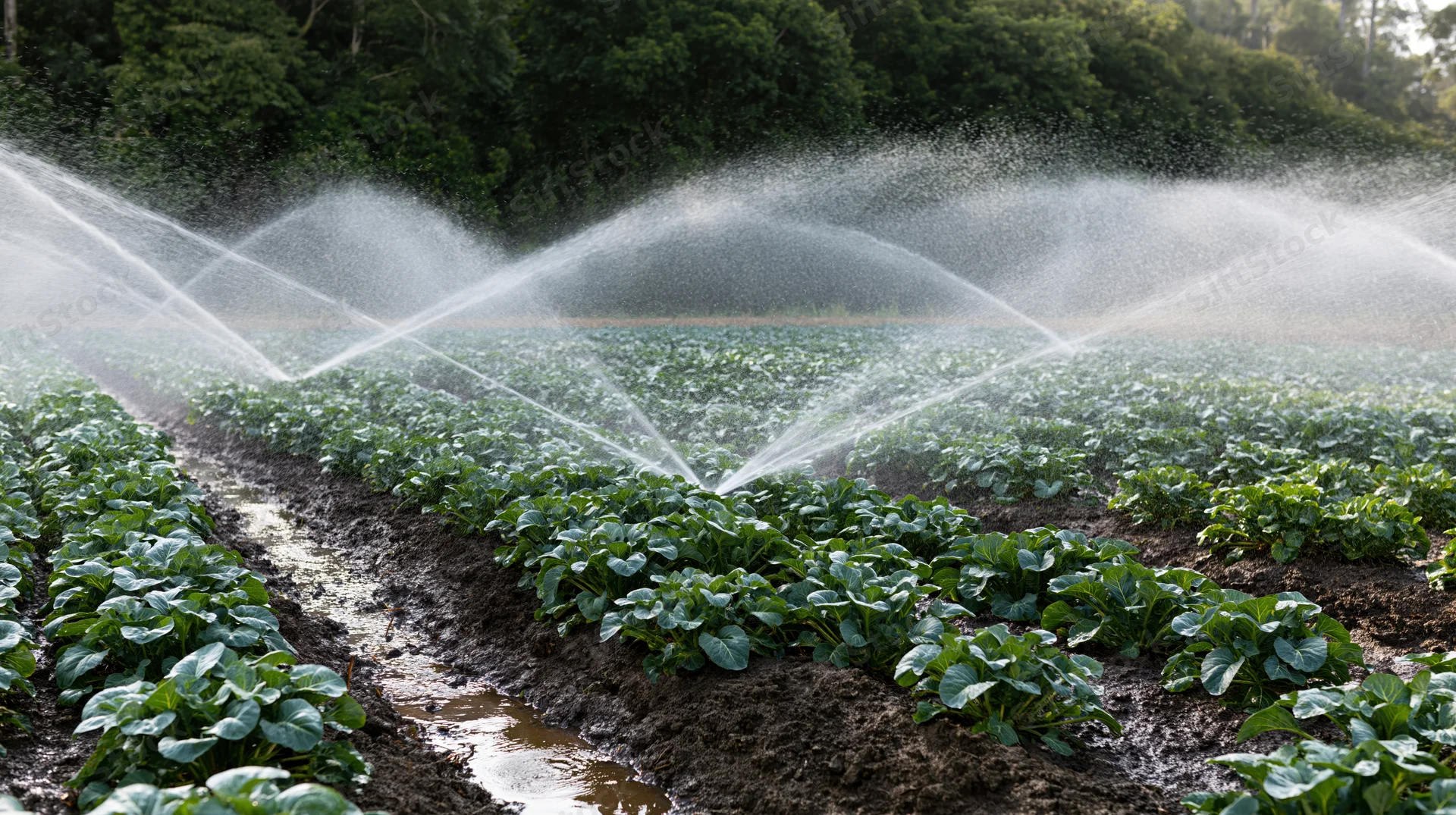 Irrigation sprinklers spraying water over rows of leafy crops in a farm field