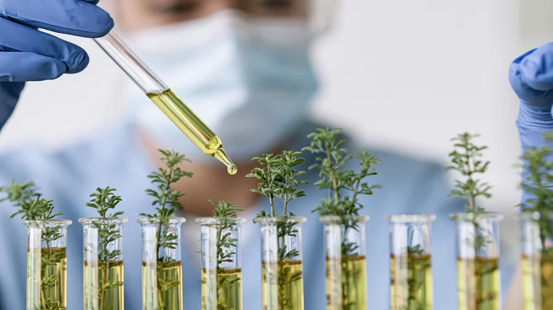 Scientist using pipette to add liquid to test tubes containing small green plants in a lab setting