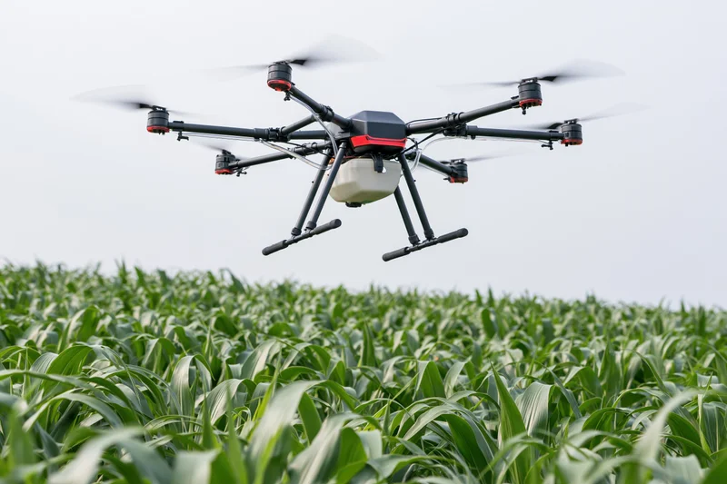Agricultural drone hovering over a cornfield during daytime