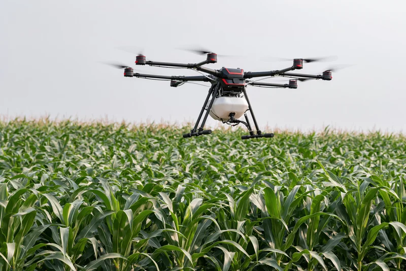 Octocopter drone hovering low over a dense cornfield during daytime