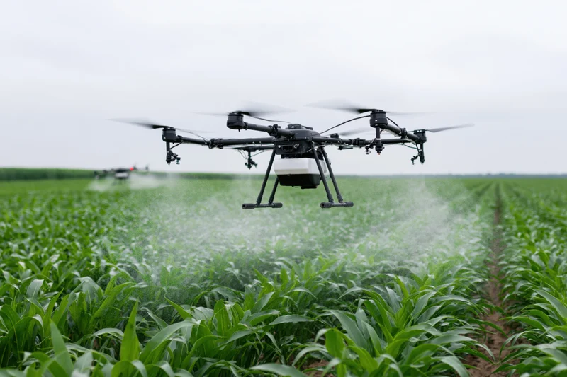 Drone spraying crops over a green corn field