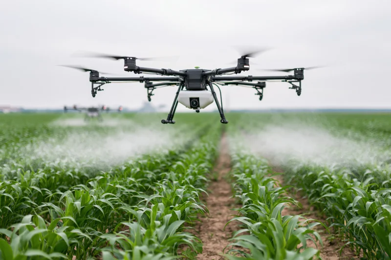 Drone hovering low over green cornfield spraying crops