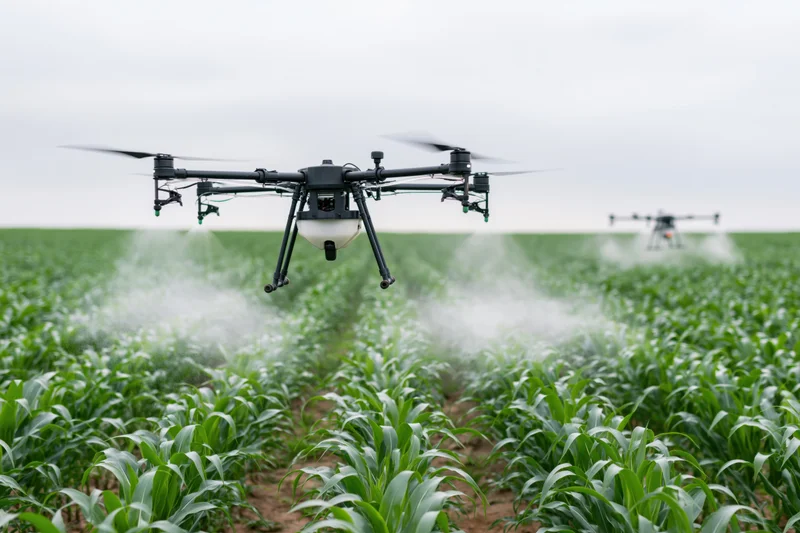 Drone hovering low over green cornfield spraying crops