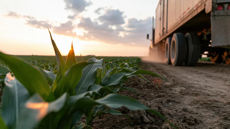 Large agricultural trailer truck driving along a dirt path beside a cornfield at sunset