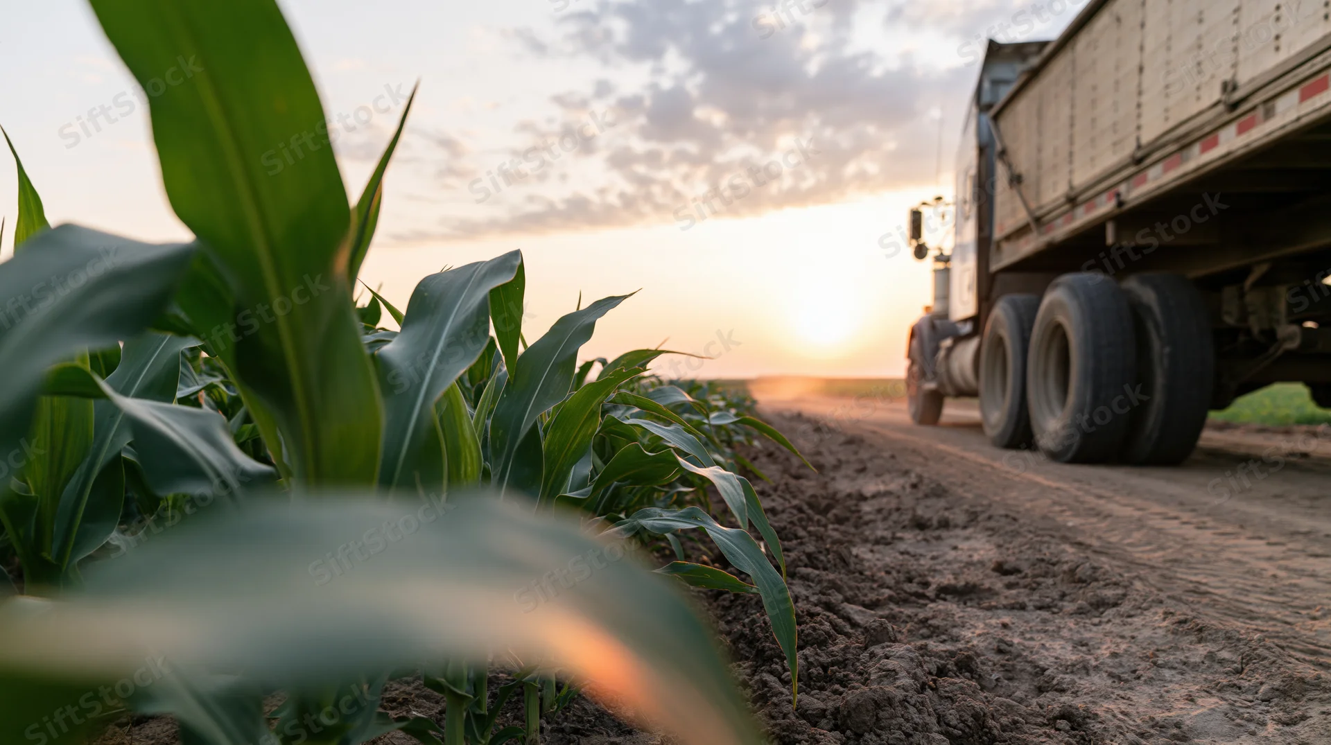 Large agricultural trailer truck driving along a dirt path beside a cornfield at sunset