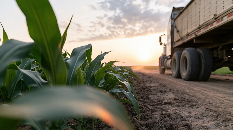 Large agricultural trailer truck driving along a dirt path beside a cornfield at sunset