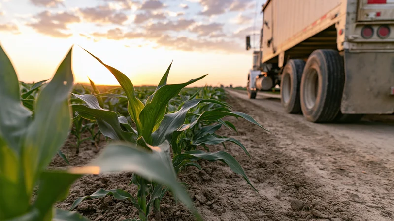Truck driving along dirt path beside cornfield at sunset