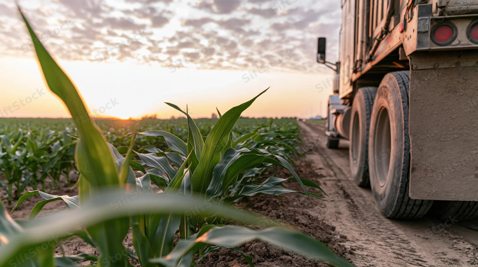 Large agricultural trailer truck driving along a dirt path beside a cornfield at sunset