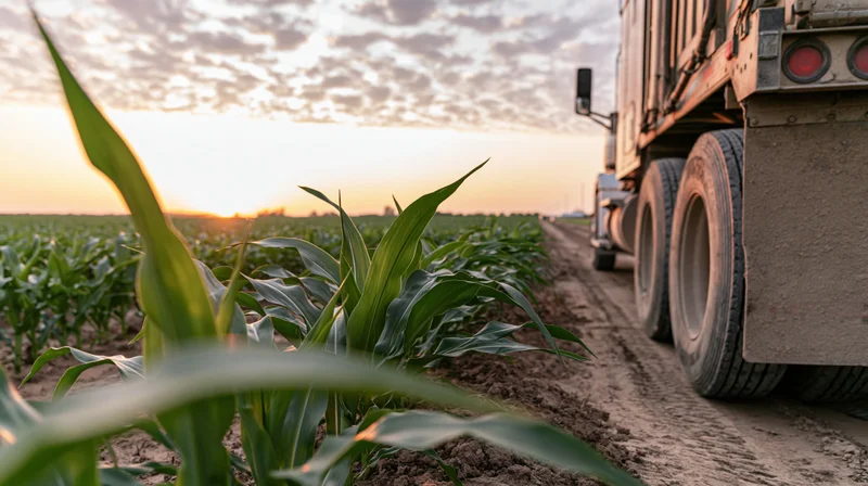 Large agricultural trailer truck driving along a dirt path beside a cornfield at sunset