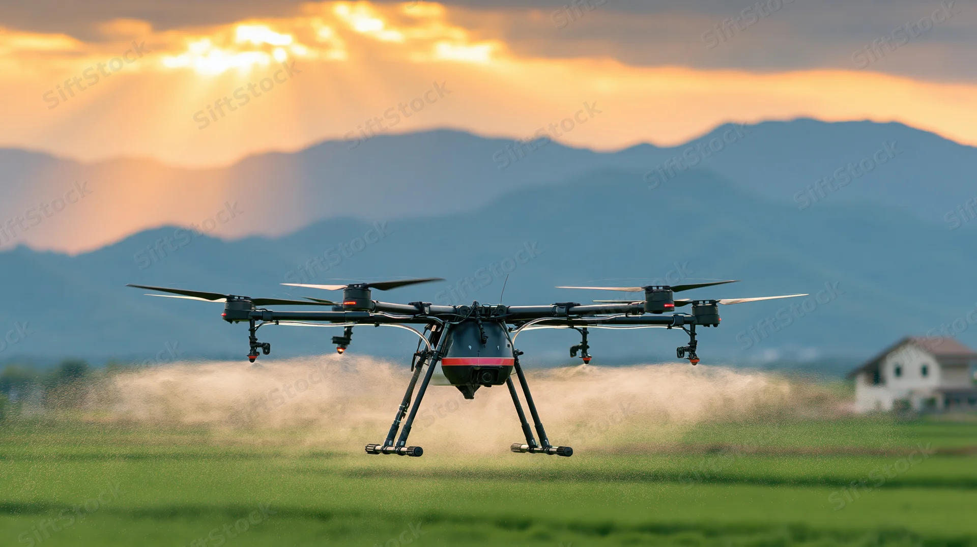 Black agricultural sprayer drone hovering low over green field with mountains and sunset in background