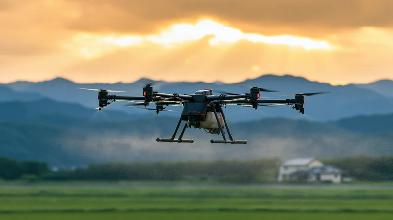 Agricultural sprayer drone hovering low over green field at sunset with mountains in background