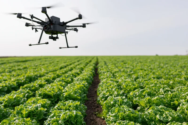 Black hexacopter drone flying low over rows of green lettuce in a farm field