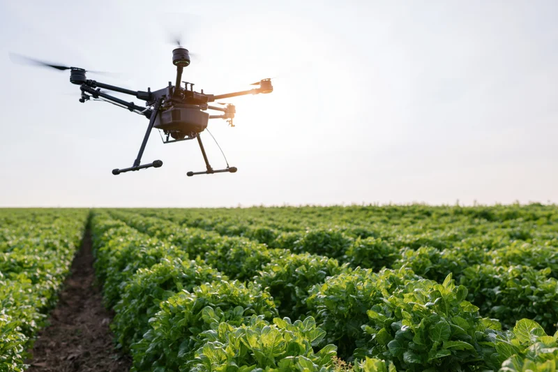 Black hexacopter drone flying low over rows of green soybean crops in a farm field