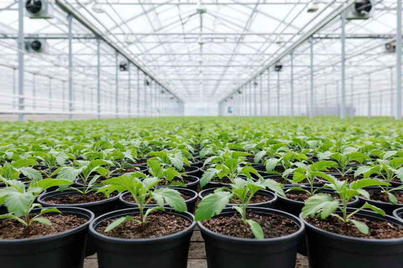 Rows of cannabis seedlings in black pots inside a large commercial greenhouse