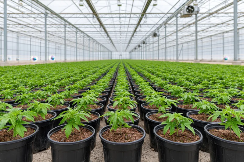 Rows of cannabis plants in black pots inside a large commercial greenhouse