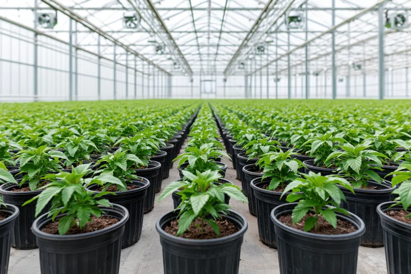 Rows of cannabis plants in black pots inside a large commercial greenhouse