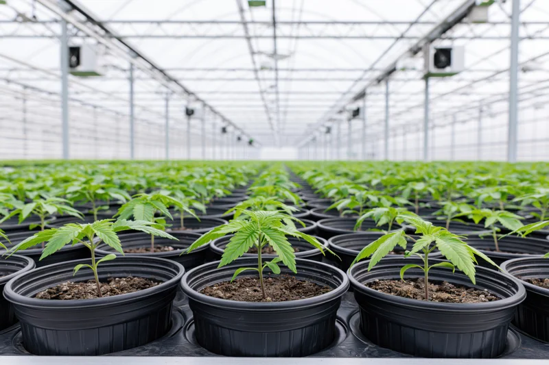 Cannabis seedlings growing in black pots arranged in long parallel rows inside a commercial greenhouse