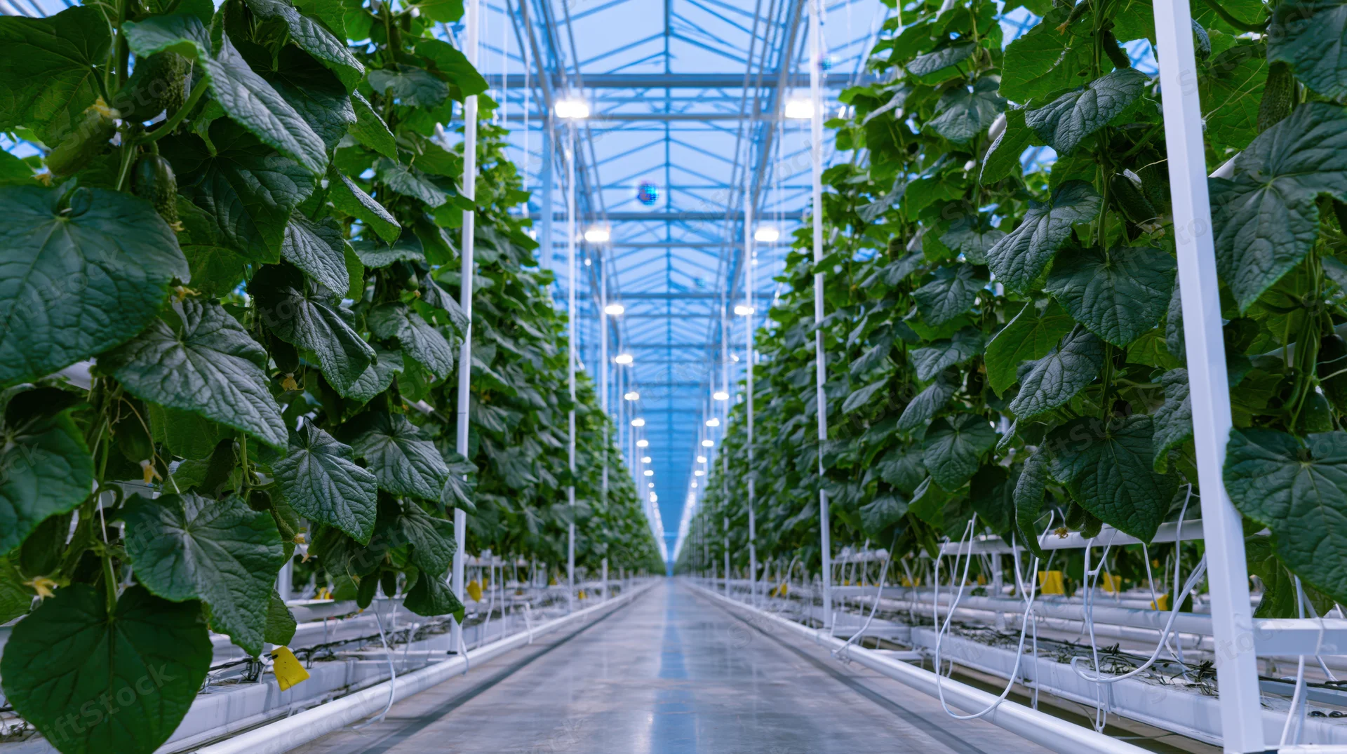 Rows of cucumber plants growing vertically in a large commercial greenhouse with artificial lighting and white support structures