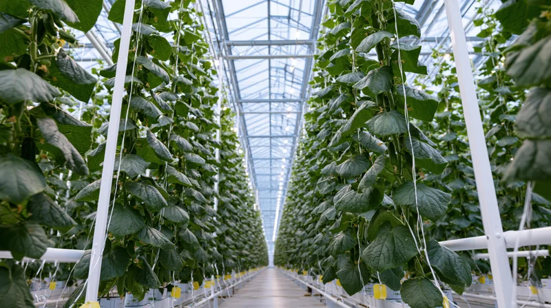 Rows of cucumber plants growing vertically in a large commercial greenhouse with metal frames and glass ceiling
