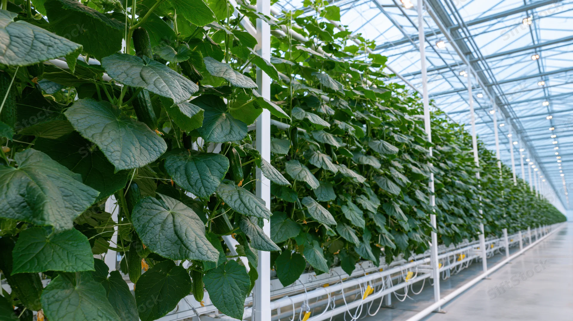 Rows of cucumber plants growing vertically in a large commercial greenhouse with metal frames and glass roof