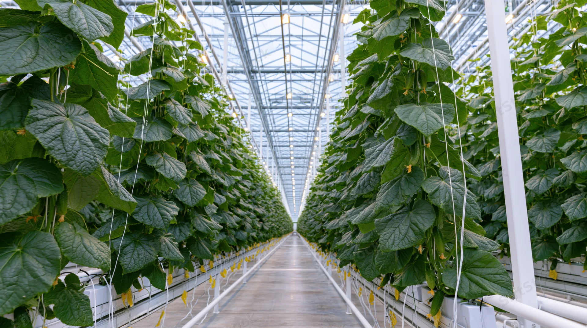 Rows of cucumber plants growing vertically in a large commercial greenhouse with metal frames and glass roof