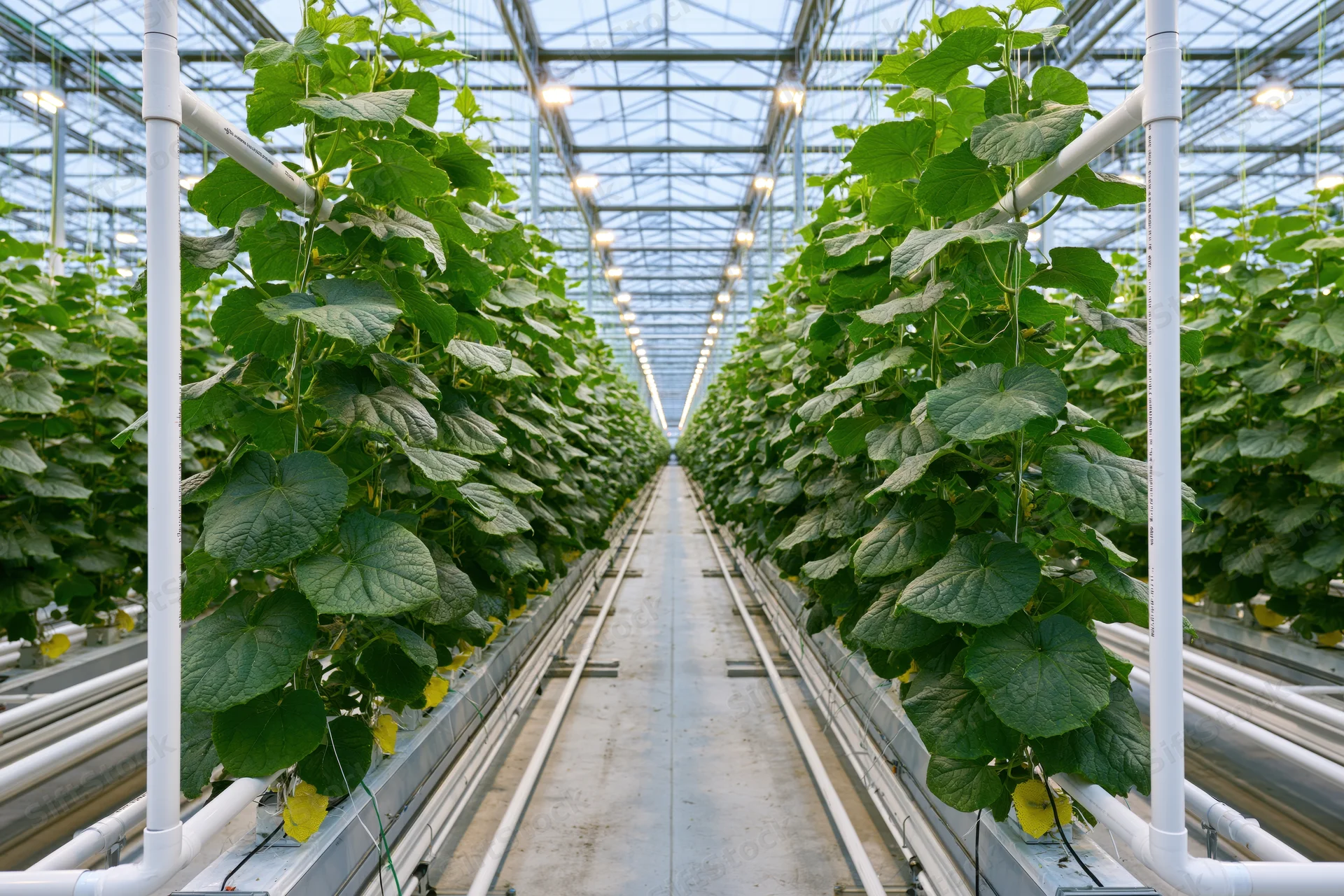 Rows of cucumber plants growing in a commercial greenhouse with hydroponic system and overhead lighting