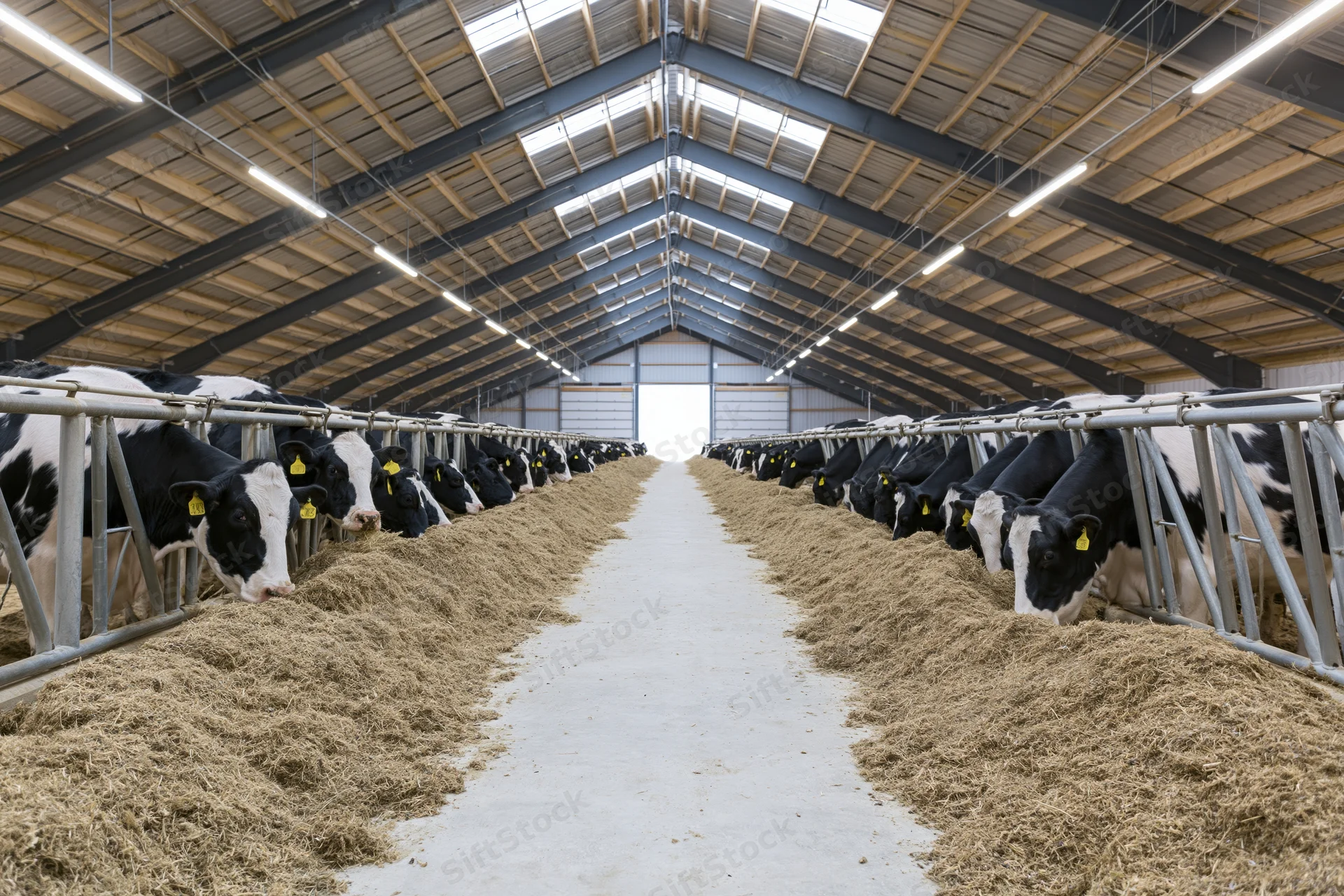 Rows of holstein cows feeding on hay in a large dairy barn aisle