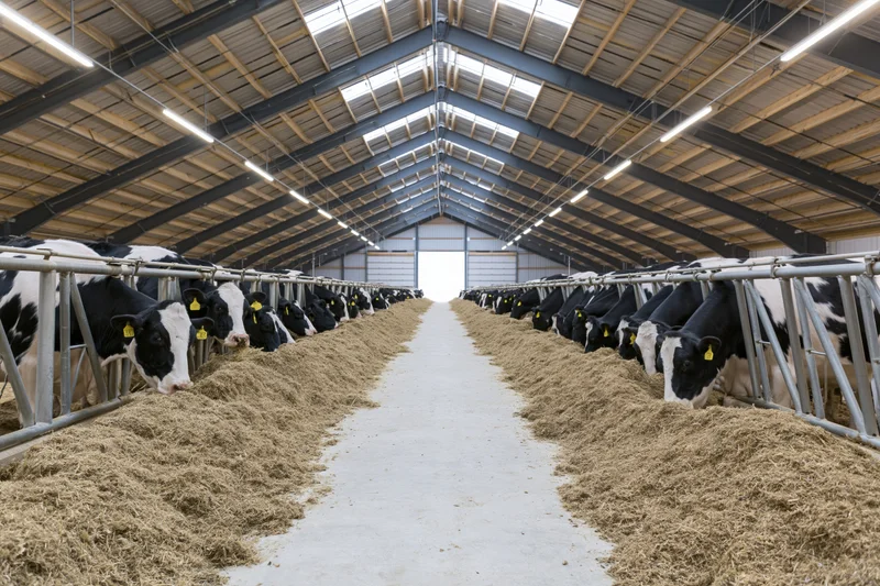 Rows of holstein cows feeding on hay in a large dairy barn aisle