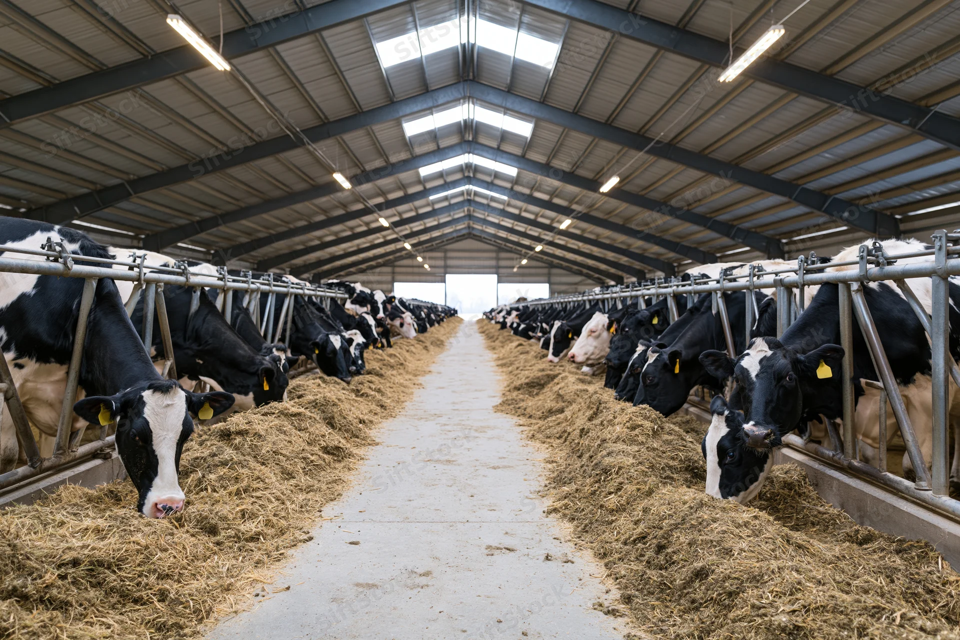 Rows of holstein cows feeding on hay in a large dairy barn aisle
