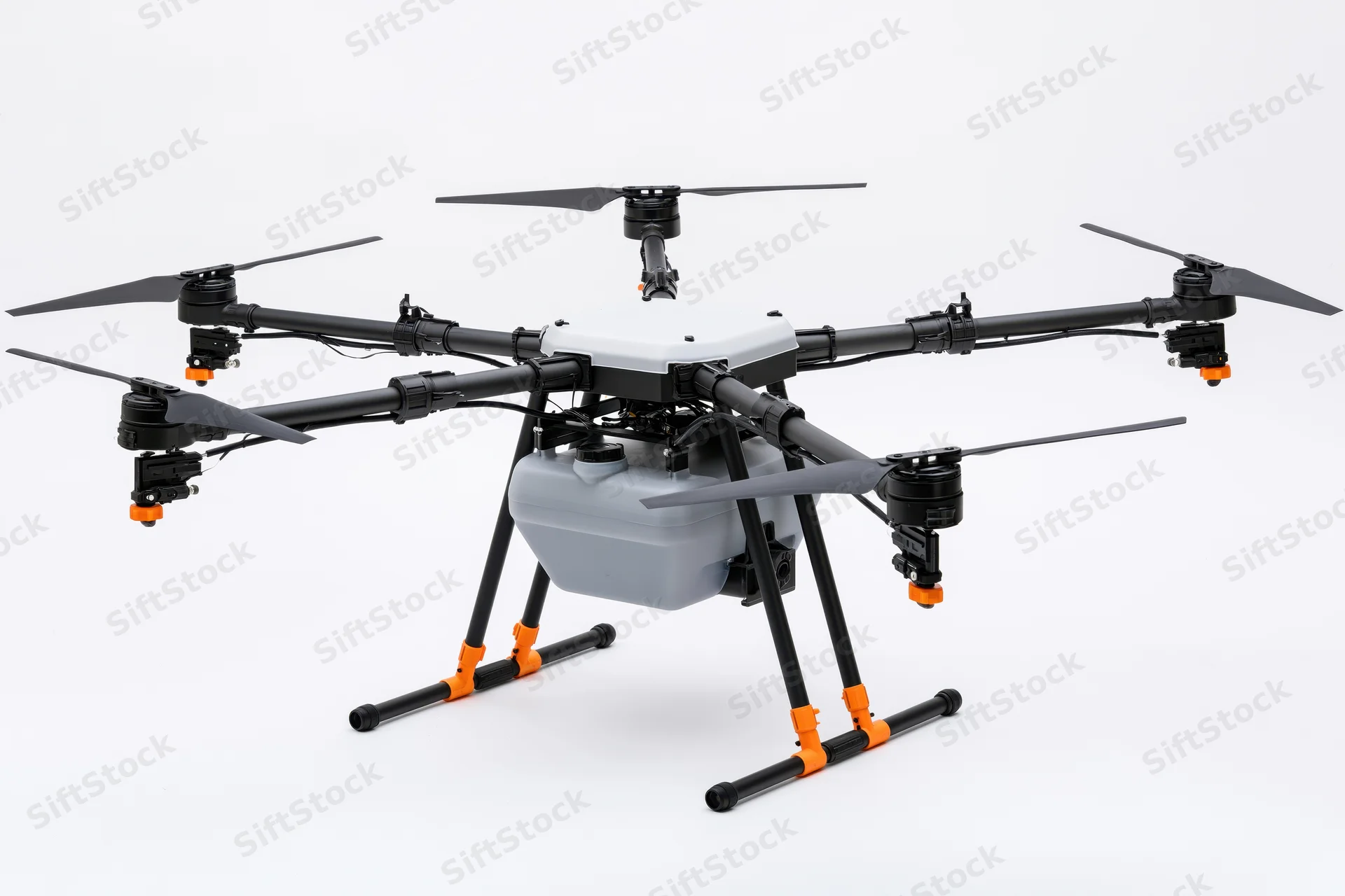 Large industrial agricultural drone with multiple rotors and tank for crop spraying, isolated on white background