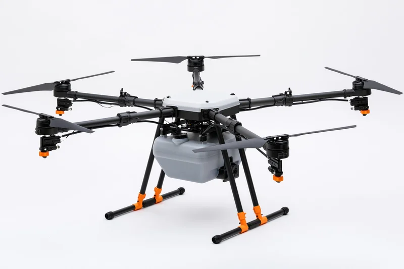 Large industrial agricultural drone with multiple rotors and tank for crop spraying, isolated on white background