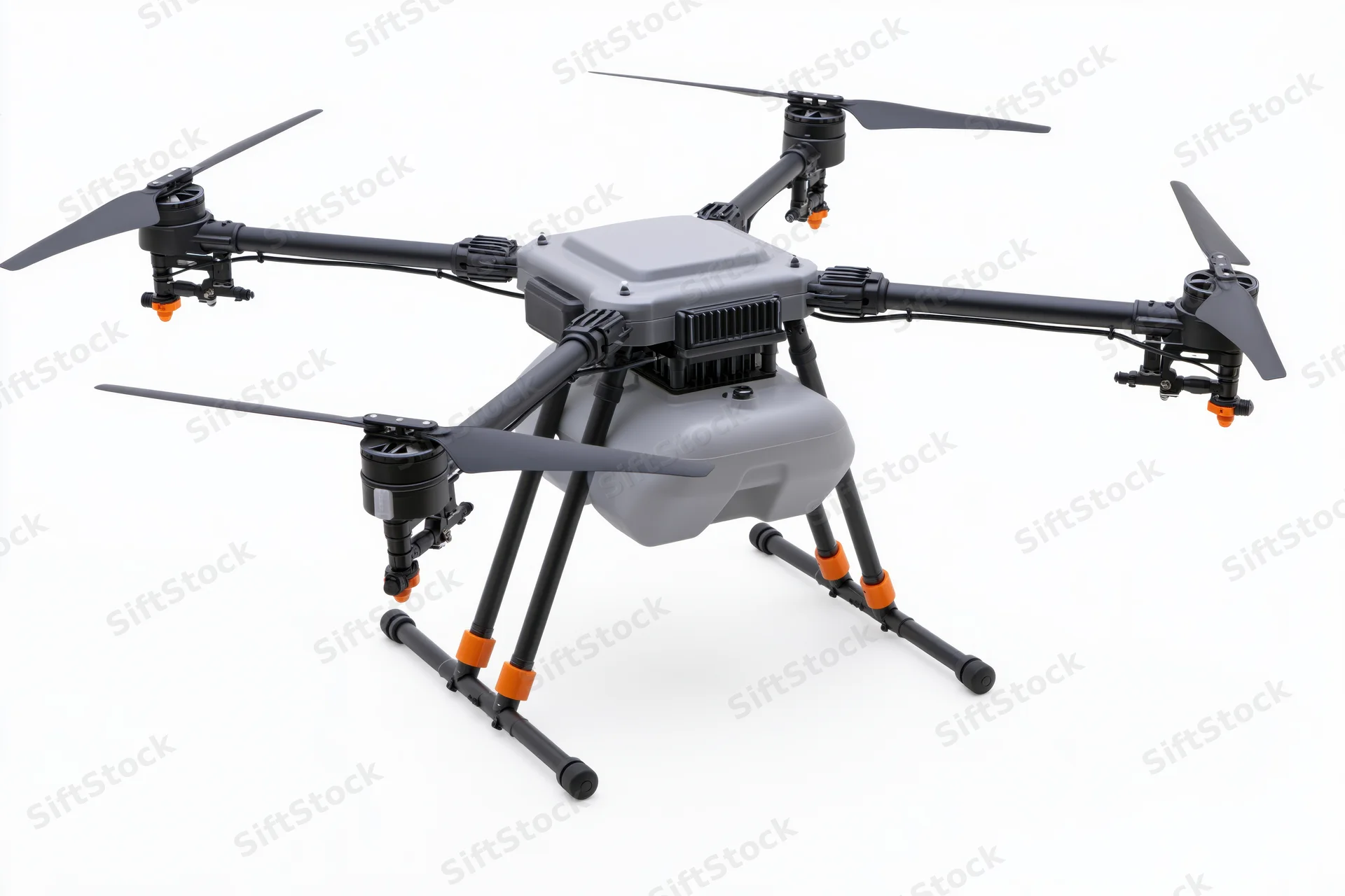 Industrial agricultural drone with multiple rotors and landing gear on white background