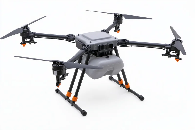 Industrial agricultural drone with multiple rotors and landing gear on white background
