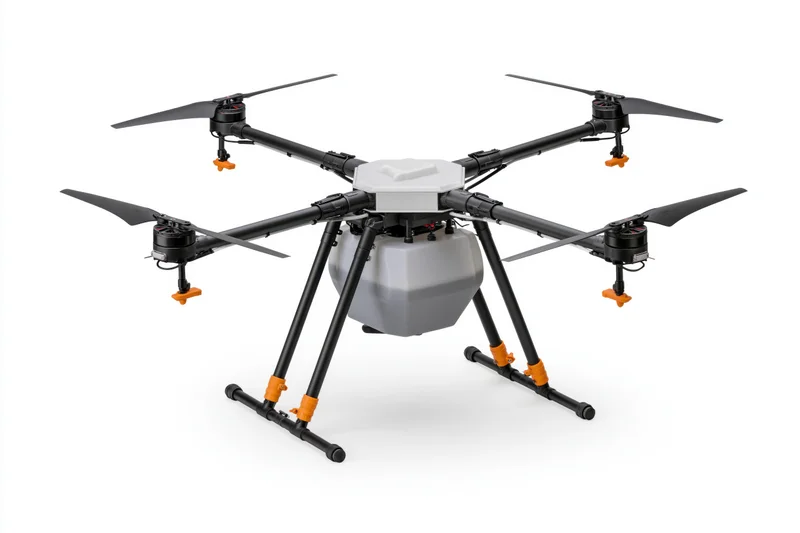 The Hexacopter Payload Drone with Six Rotors and Orange Landing Gear