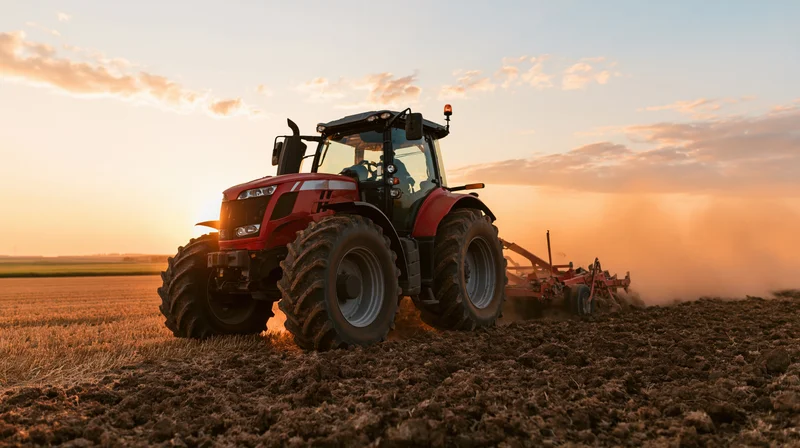 Red tractor pulling tillage implement across a field at sunset