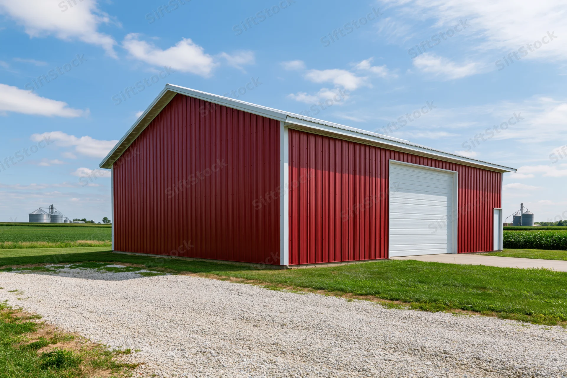 Red metal barn with white roof on a farm field
