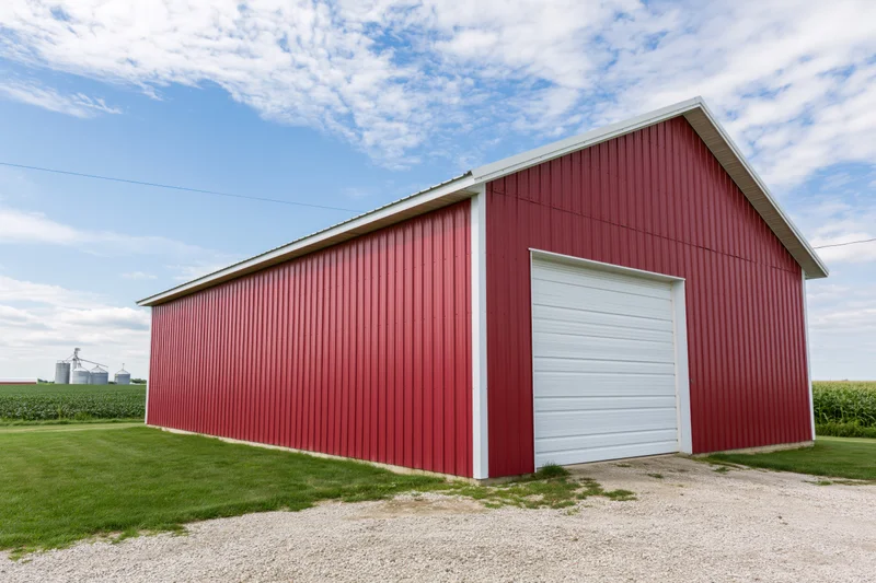 Red metal barn with white roof and garage door on a farm field under blue sky