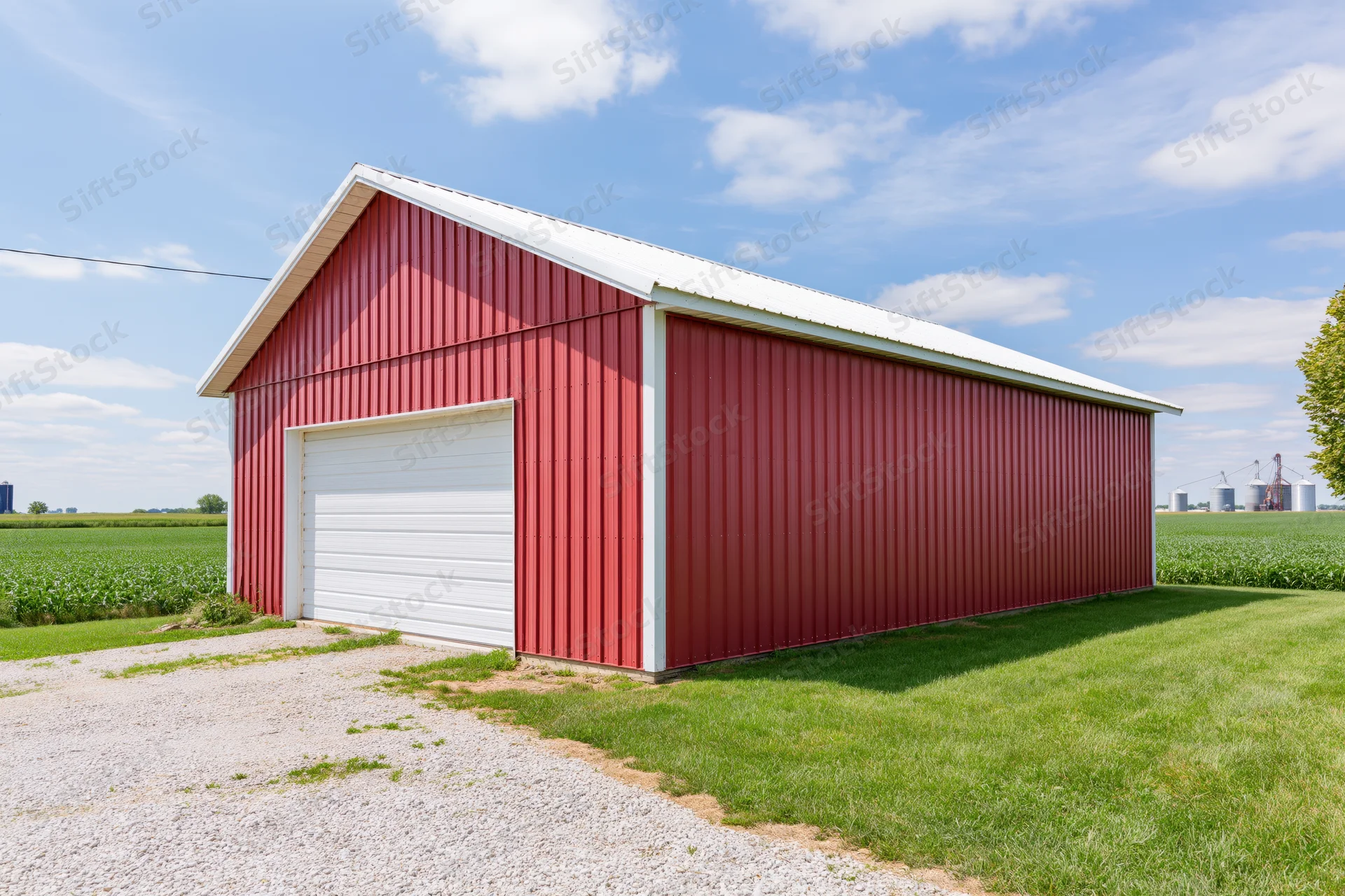 Red metal barn with white roof standing on gravel driveway beside green field under blue sky