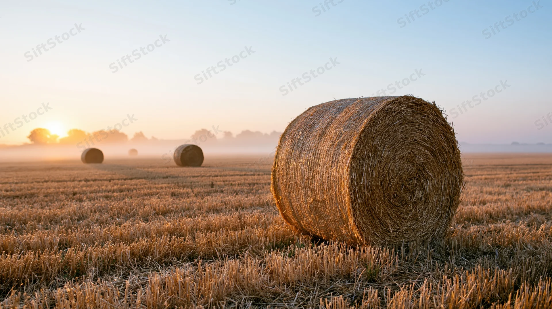 Large round hay bale resting in a harvested field at sunrise with mist and distant bales under a clear sky