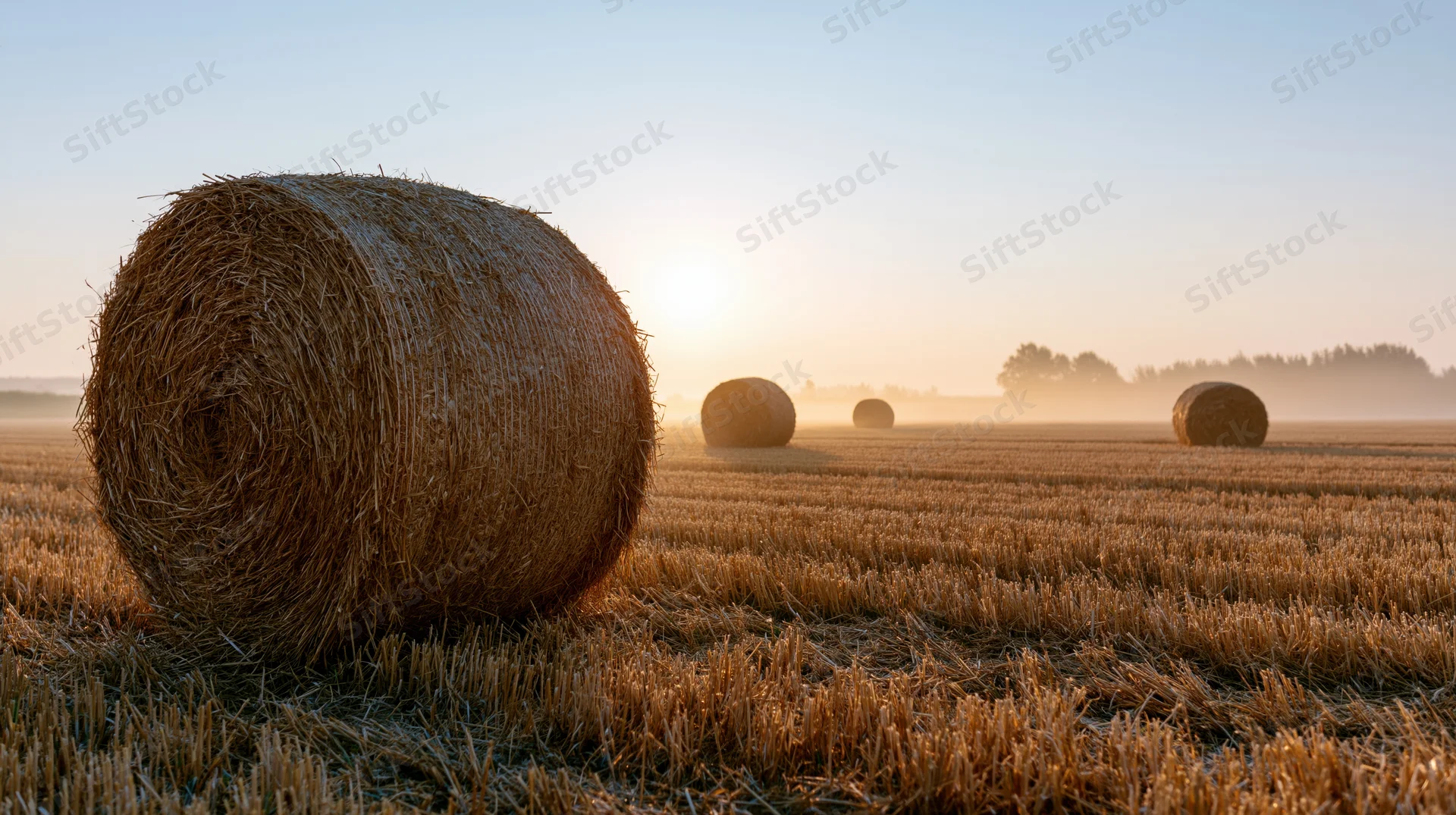 Large round hay bales scattered across a freshly harvested field at sunrise