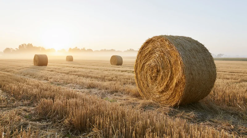 Large round hay bales scattered across a freshly harvested wheat field at sunrise