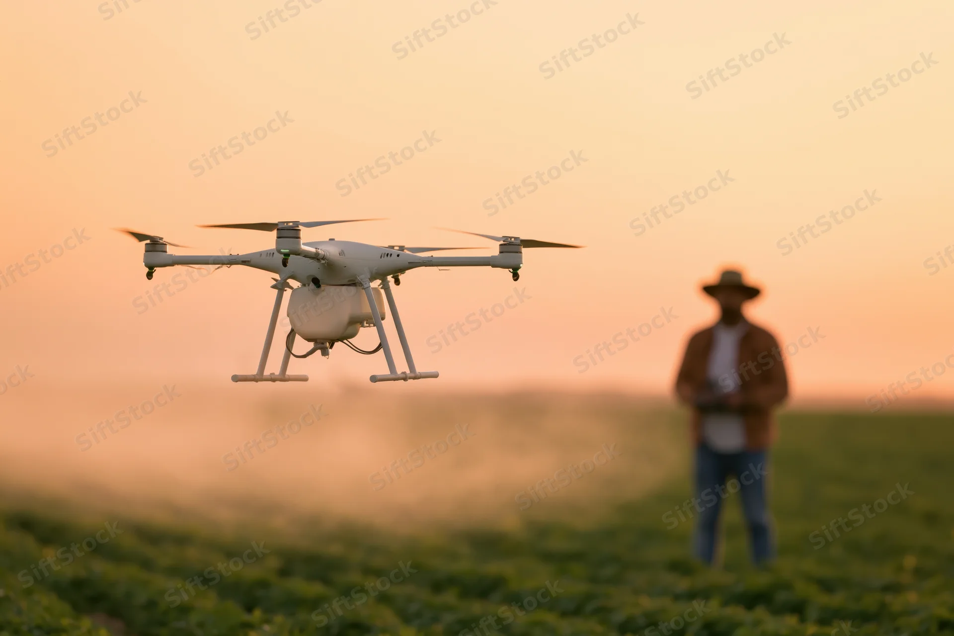 White agricultural drone hovering low over a green crop field with a farmer standing in the background at sunset