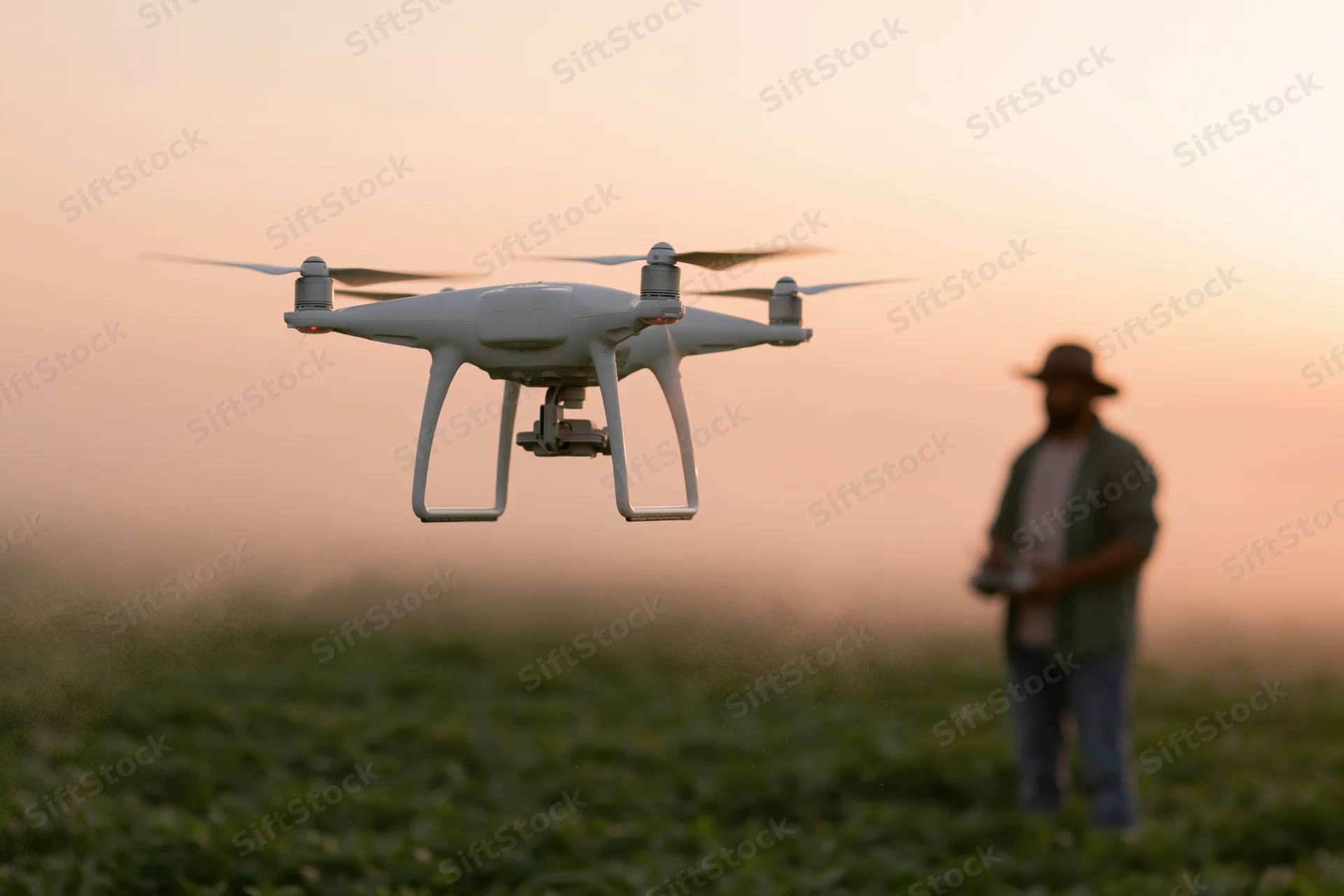 White drone hovering over green field with farmer holding remote control in background at sunset