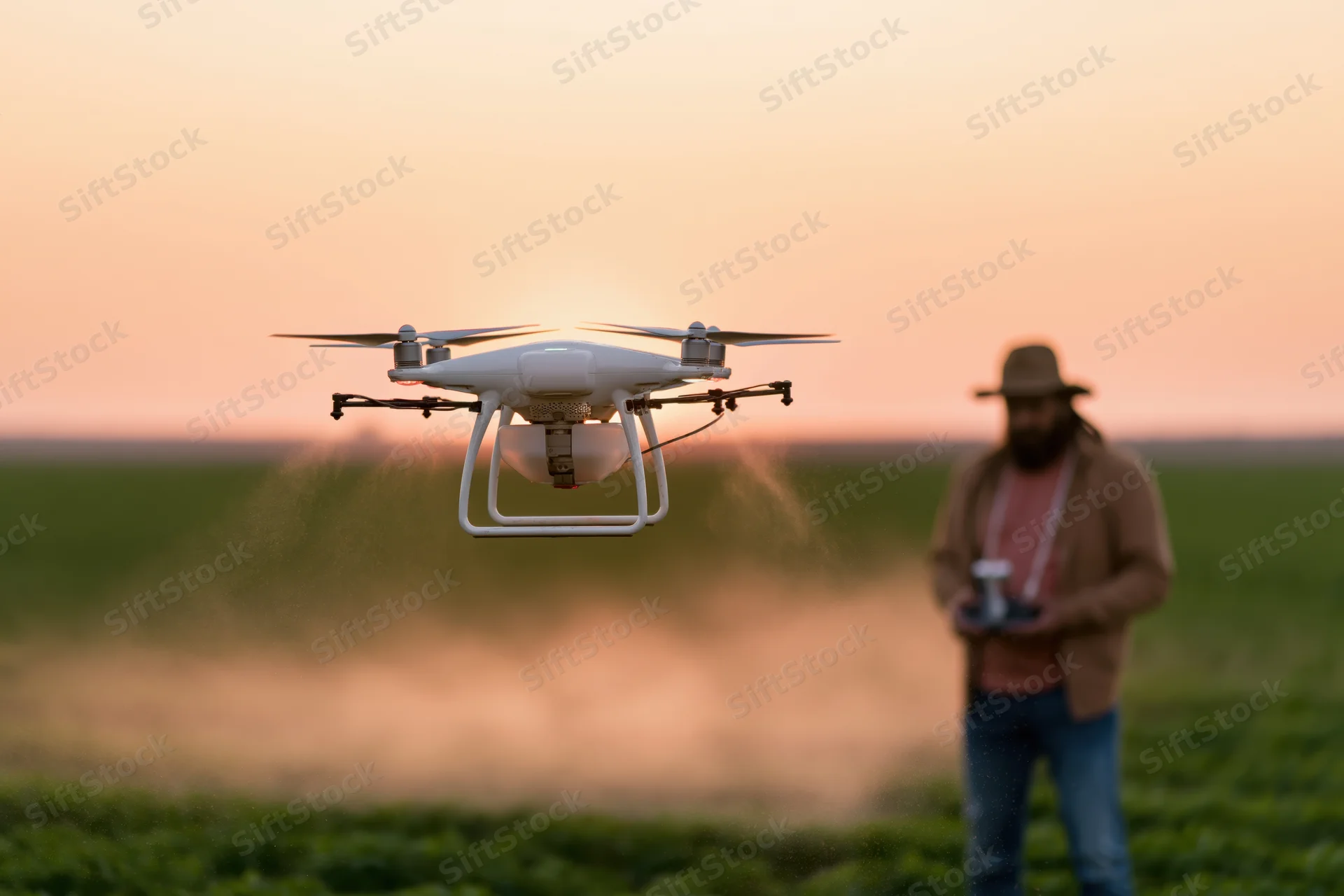 White drone spraying crops over a field at sunset with a farmer holding a controller in the background