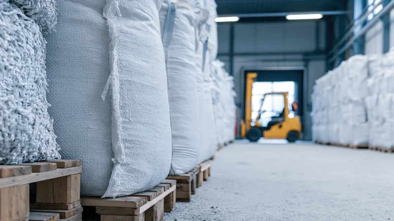Large white bulk bags stacked on wooden pallets in a warehouse aisle with a forklift in the background