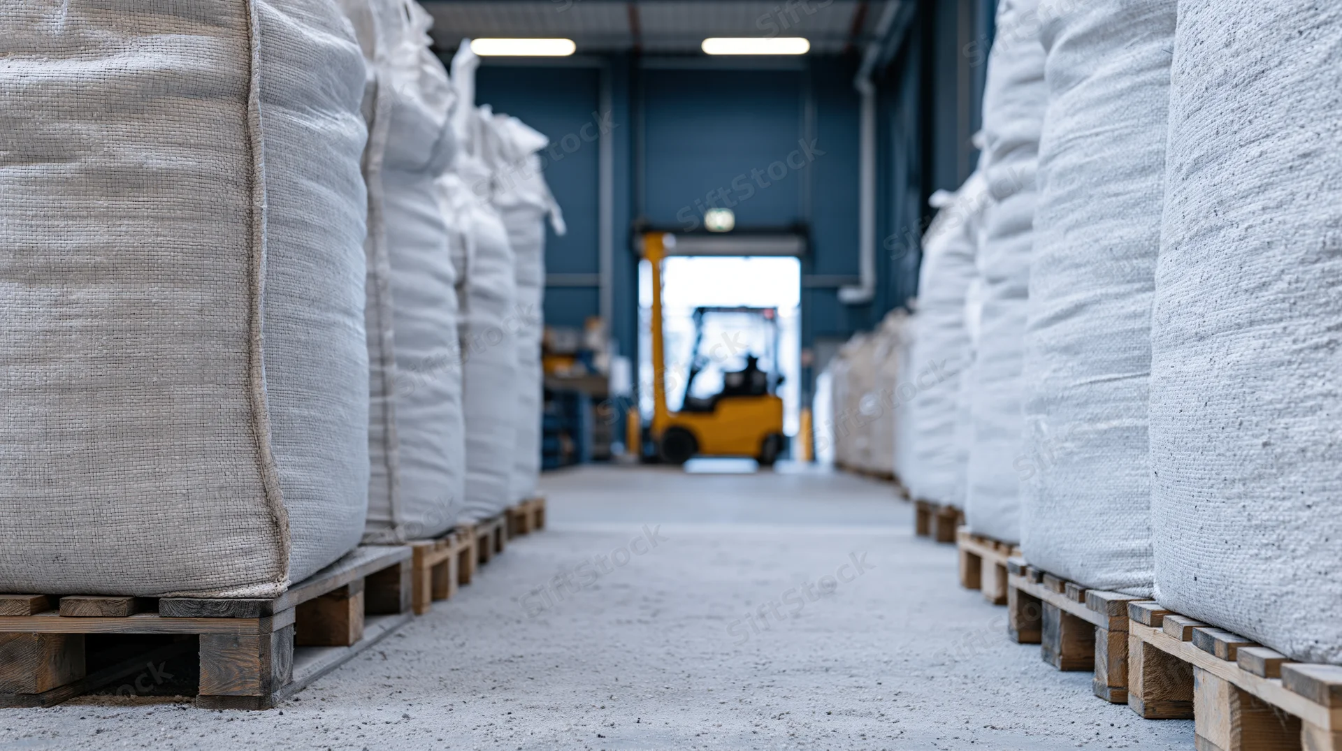 Rows of white bulk bags stacked on wooden pallets in a warehouse aisle with a forklift in the background