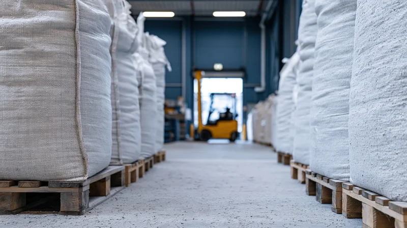 Rows of white bulk bags stacked on wooden pallets in a warehouse aisle with a forklift in the background