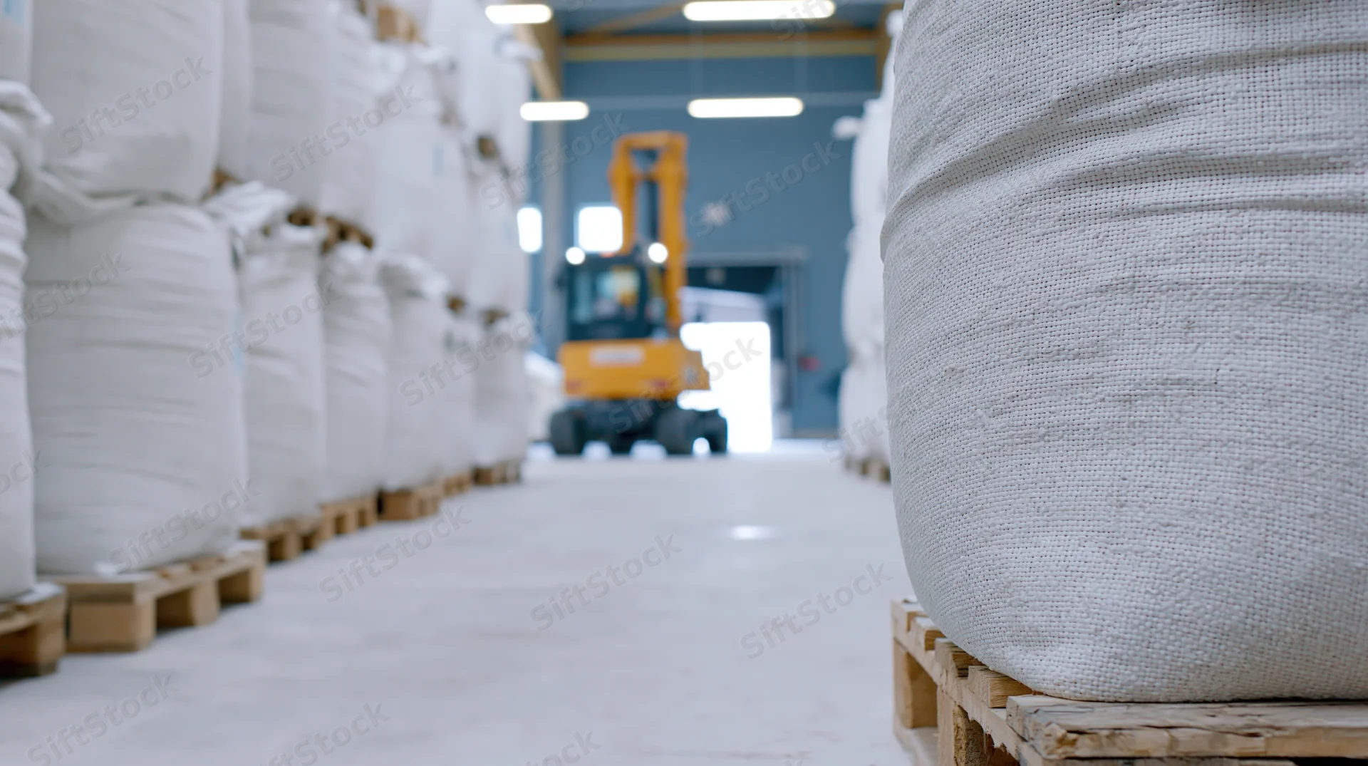 Large white bulk bags stacked on wooden pallets in a warehouse with a forklift in the background